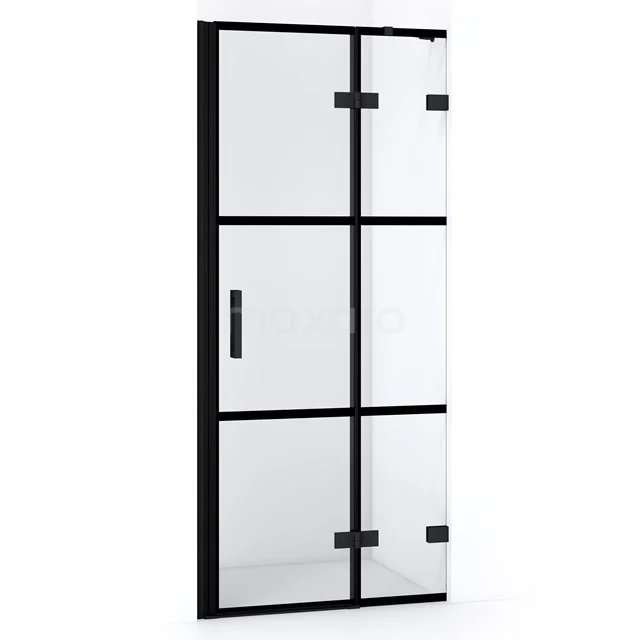 Schwarze Duschtür mit industriellem Design, Klarglas und Metallrahmen; ideale Ergänzung für ein modernes Badezimmer.