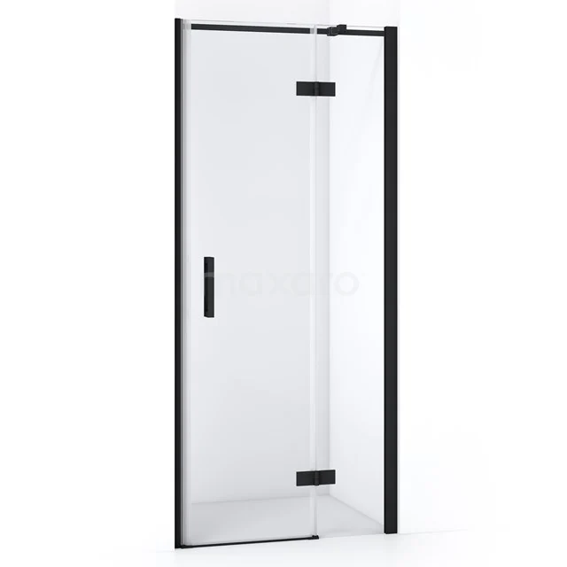 Duschtür mit mattschwarzen Profilen, Klarglas und Drehfunktion, ideal als stilvolle Ergänzung zu modernen Bädern.