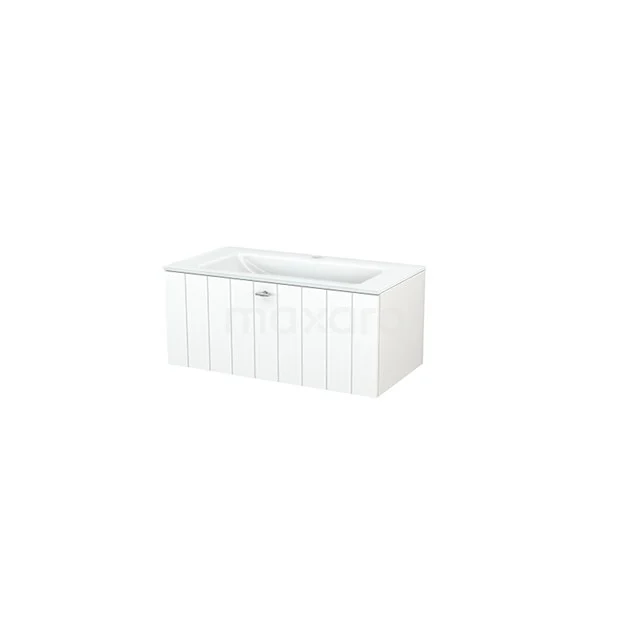 Modulo+ Bathroom furniture with sink | 90 cm Matte white Slat front Glass 1 drawer BMP001641 White vanity unit with integrated basin, modern lines and panel design, perfect for stylish bathroom design.