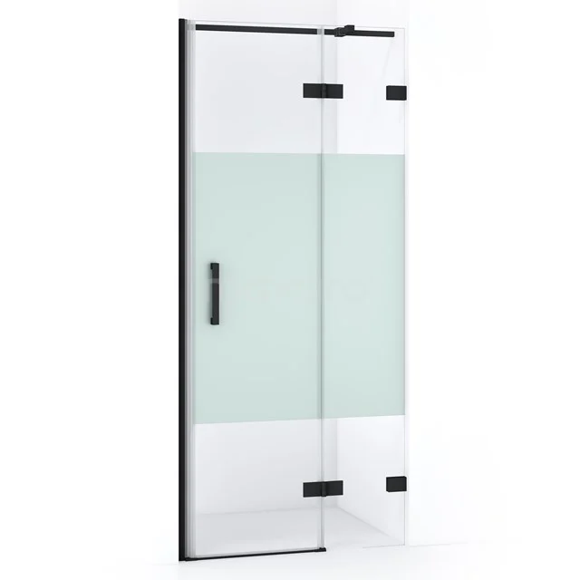Schwarz-weiße Glastür mit matt bearbeitetem Detail und klarem Design, perfekt für einen modernen Badezimmerstil.