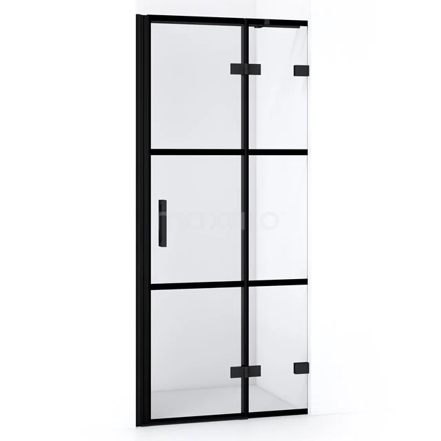 Diamond Duschtür | 80 cm Matt Schwarz Klar mit 4 schwarzen Streifen Drehtür DDB22352328MB Schwarze industrielle Duschtür mit matt schwarzem Rahmen, Klarglas und klarem Design, ideal für modernen Badezimmerstil.