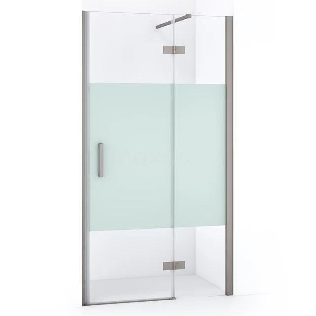 Duschtür mit mattem Streifen, klaren Glasplatten, rostfreien Scharnieren und Haltegriff; modernes Design für das Badezimmer.