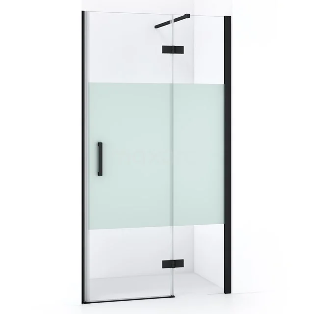 Modern glass shower enclosure with black frame, frosted glass and sliding door, perfect for stylish bathroom decor.