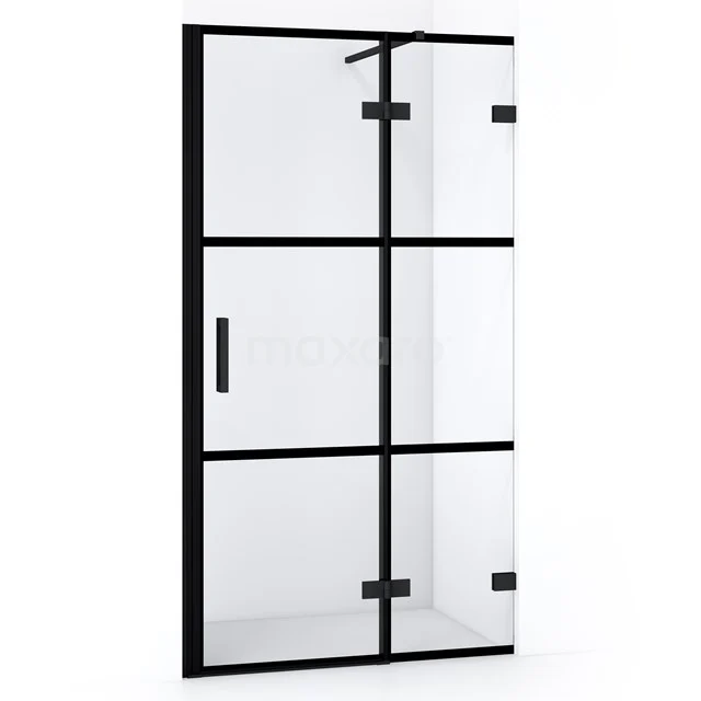Schwarze Duschtür mit industriellem Stahl-Look, Klarglas und modernen Scharnieren, ideal für ein stilvolles Badezimmer.
