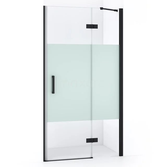 Schwarze Eckdusche mit Klarglas und mattem Streifen, modernes Design für stilvolles Badezimmer, hergestellt aus nachhaltigem Material.