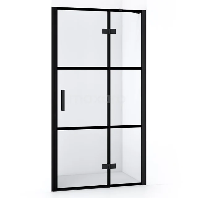 Schwarze Duschtür mit industriellem Design, matt schwarzem Rahmen und Klarglas, ideal für moderne Bäder.