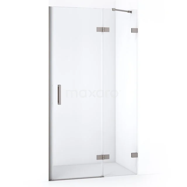Glass shower door with clear glass, silver hinges and handle, suitable for modern bathroom design.