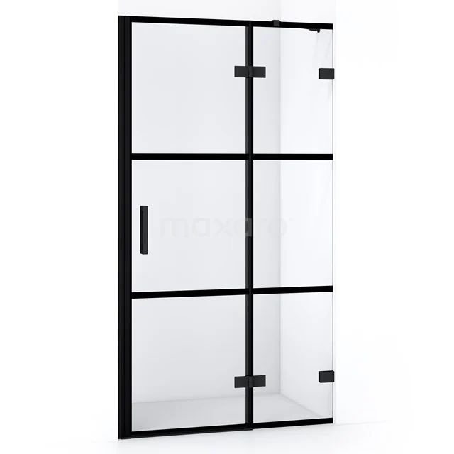 Black industrial shower screen with clear glass and black metal frame, ideal for a modern bathroom.