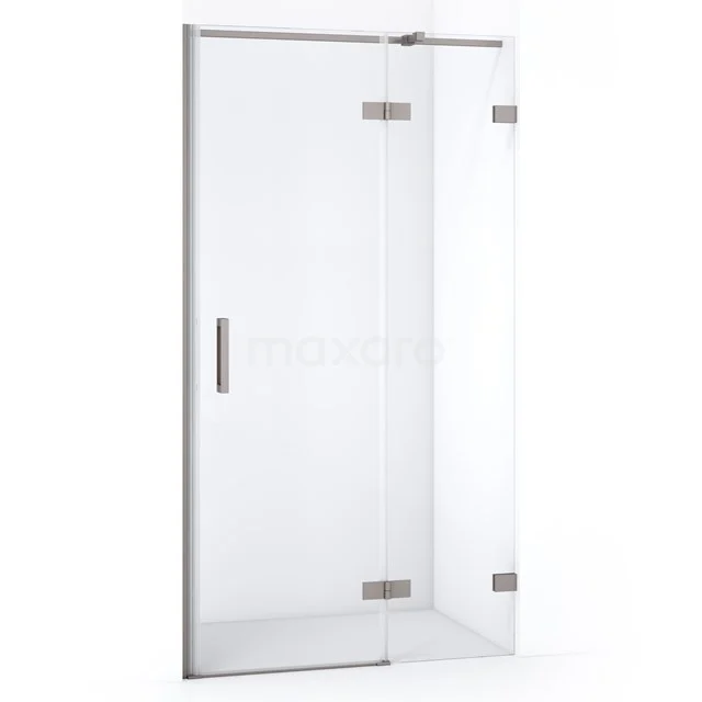 Glass shower door with hinges, transparent design, aluminium frame, ideal for a modern bathroom.