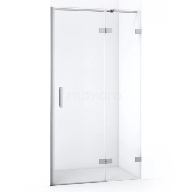 Glass shower door with hinges, clear glass and Stainless steel accents, ideal for a modern bathroom design.