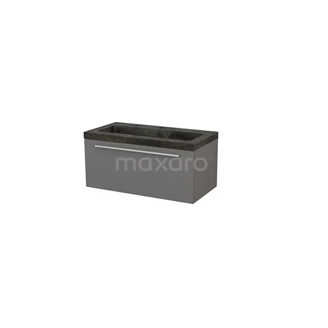 Modulo+ Vanity units with basin | 90 cm Basalt Flat front Natural stone 1 drawer BMP001662 Grey rectangular bathroom unit with matte black sink and a metal Handle, ideal for modern bathrooms.