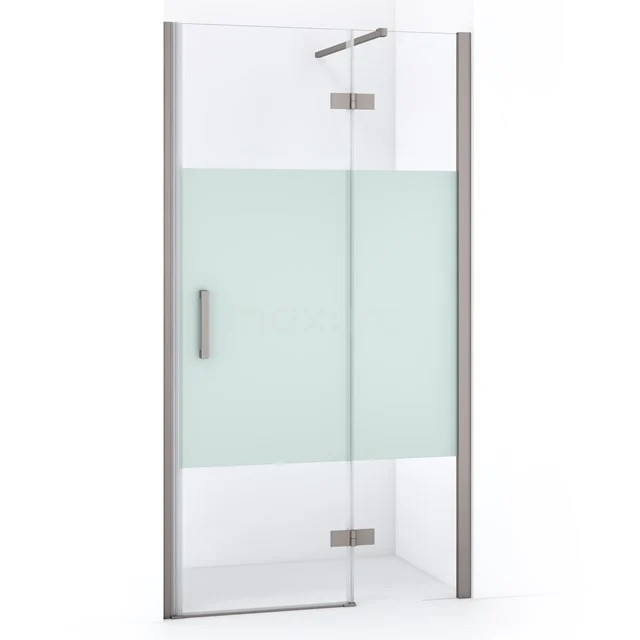 Glasdouchedeur mit Mattglasstreifen, chromatischen Details und modernem Design, ideal für eine stilvolle Badezimmergestaltung.