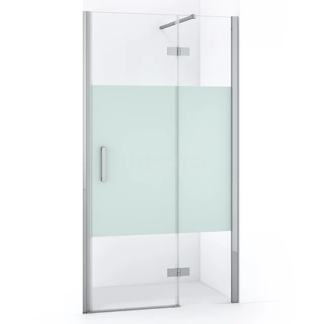 Glasdouchedeur mit matt bearbeitetem Mittelpaneel, silbernen Scharnieren und Haltegriff; ideal für ein modernes Badezimmer.