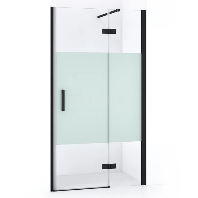 Duschkabine mit Mattglas, schwarzem Rahmen und Schiebetür; modernes Design, ideal für eine stilvolle Badezimmerinrichtung.