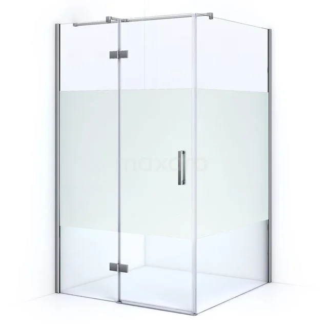 Glass shower enclosure with corner entry, frosted glass strip, chrome profiles, ideal for modern bathroom design.