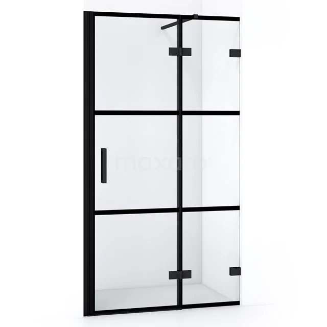 Black steel shower door with clear glass and industrial grid design, ideal for a modern bathroom style.