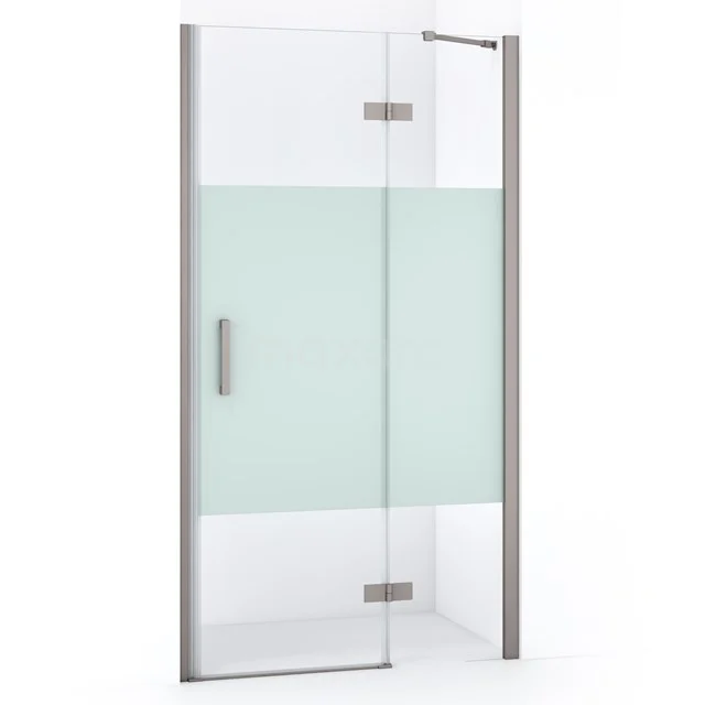 Glas Duschtür mit Mattglasstreifen, rostfreien Scharnieren und Haltegriff, ideal für einen modernen Badezimmerstil.