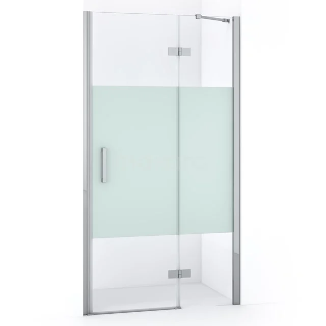 Glas Duschtür mit matt weißen Streifen und chromatischen Rändern, modernes Design für eine stilvolle Badezimmergestaltung.