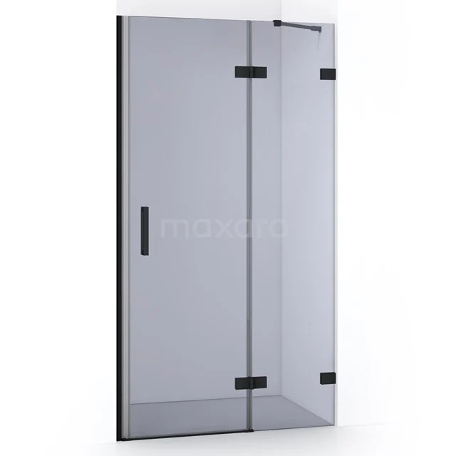 Glass shower door with matte black metal accents, modern design, perfect for a stylish bathroom.
