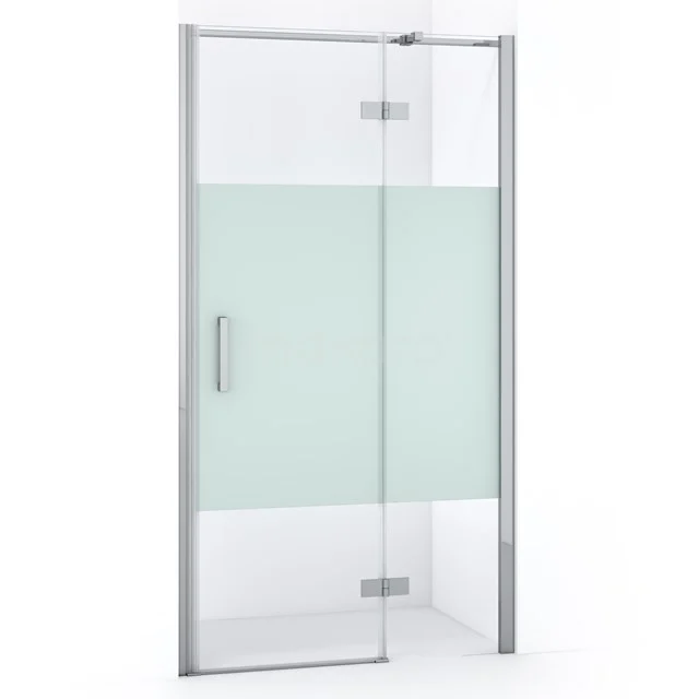 Glasene Duschtür mit mattem Abschnitt, silberfarbenem Rahmen und Scharnieren, ideal für einen modernen Badezimmerstil.