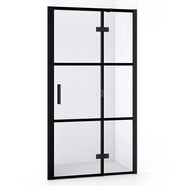 Schwarzmatte industrielle Duschtür mit Glas und Metallrahmen, geeignet für moderne Bäder, stilvoll und platzsparend.