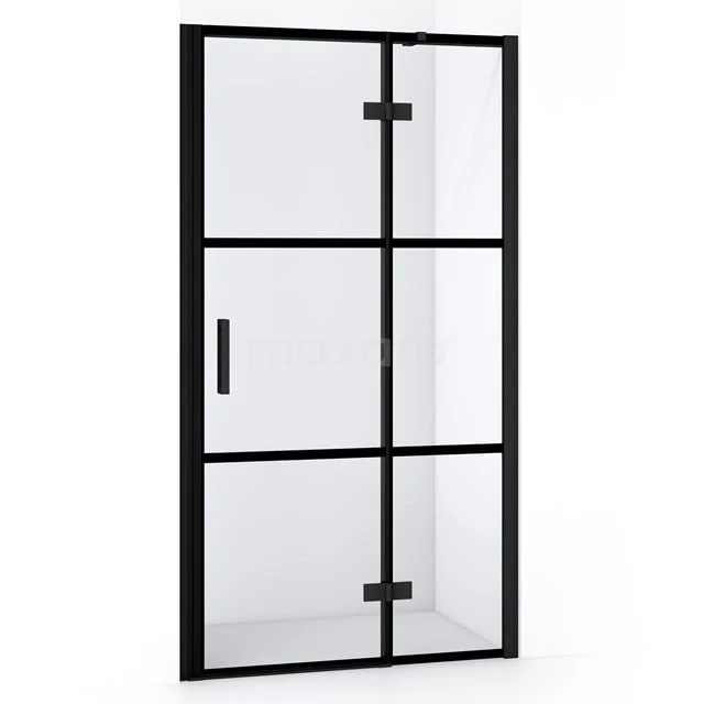 Schwarzmatte industrielle Duschtür mit Glas und Metallrahmen, geeignet für moderne Bäder, stilvoll und platzsparend.