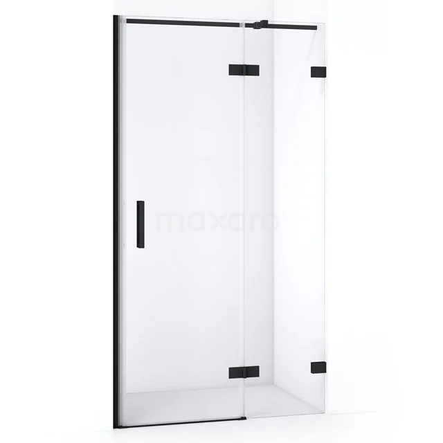Glass shower door with black profiles, modern look, suitable for stylish bathroom design and easy access.