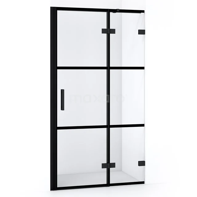 Matte black shower door with industrial grid design, frosted glass panels and modern handle, perfect for a stylish bathroom.