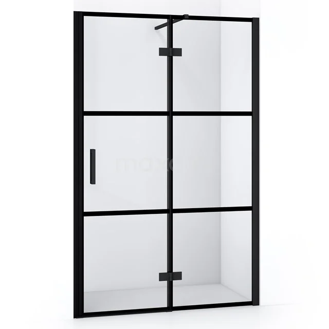 Schwarze industrielle Duschtür mit Klarglas, vier Fächern und Metallrahmen, ideal für einen modernen Badezimmerstil.