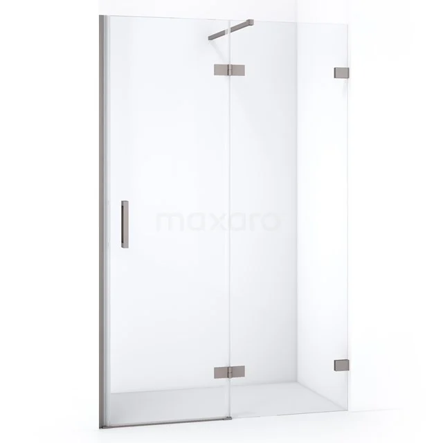 Glasene Duschwand mit Scharnieren, transparentes Design, rostfreie Akzente; ideal für einen modernen Badezimmerstil.