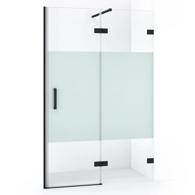 Glas Duschwand mit Matt Weiß Streifen Design, Schwarz Rahmen und Schiebetür, ideal für moderne Bäder.