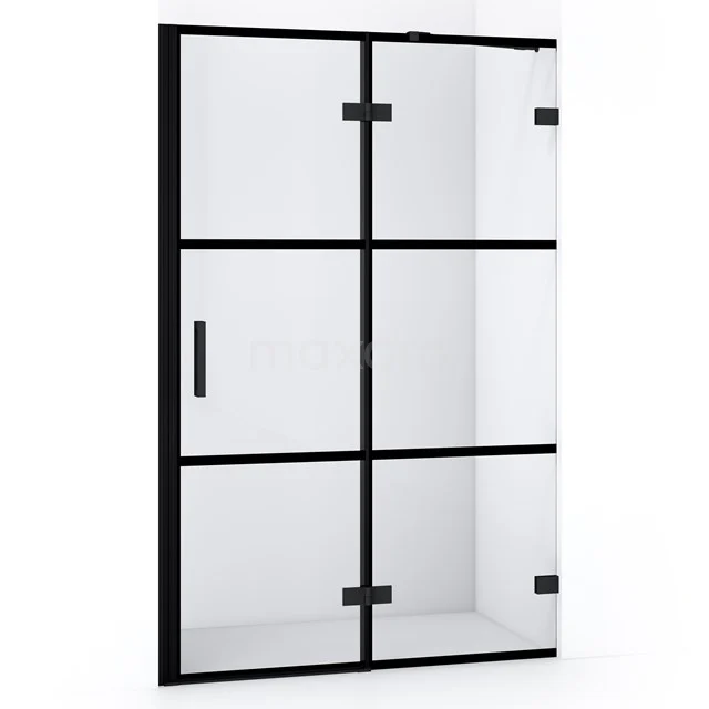 Schwarze Duschwand mit Metallrahmen und Klarglas, industrielles Design, perfekt für ein modernes Badezimmer.