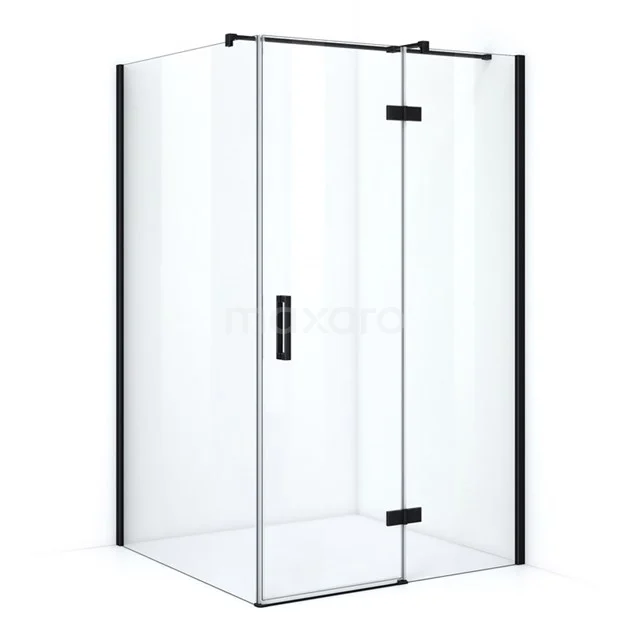 Empty glass shower enclosure with matte black profiles, sleek design, ideal for modern bathrooms.