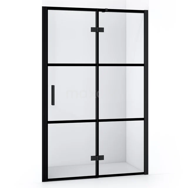 Schwarze industrielle Duschtür mit Klarglas, Metallrahmen und Scharnieren; moderner Badezimmerstil.