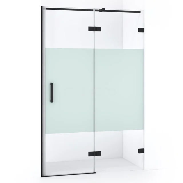 Glasene Duschtür mit matt schwarzem Profil und satiniertem Mittelpaneel, ideal als stilvolle Ergänzung zum Badezimmer.