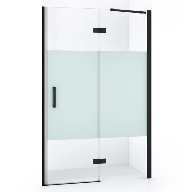 Duschtür mit satiniertem Mittelstreifen, schwarzem Aluminiumrahmen und modernem Design, perfekt für eine stilvolle Badezimmergestaltung.