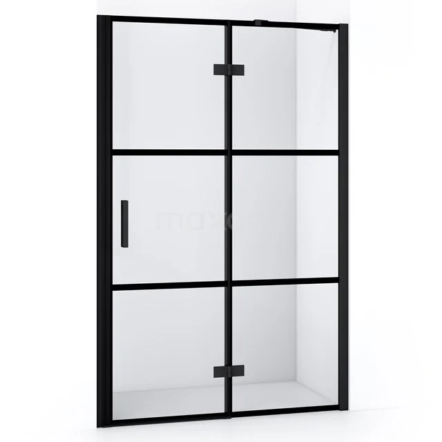 Matt schwarze Duschtür mit industriellem Design, Glaspanelen und minimalistischem Haltegriff, perfekt für ein modernes Badezimmer.