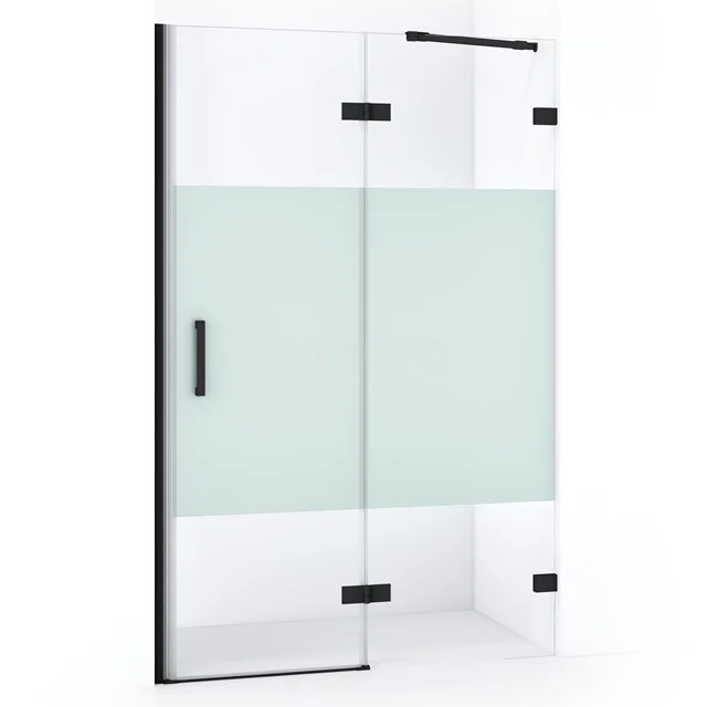 Klares Glas Duschwand mit schwarzem Rahmen und mattem weißen Paneel, modernes Design, ideal für ein stilvolles Badezimmer.