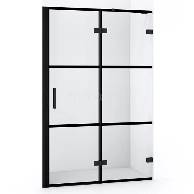 Schwarze industrielle Duschwand mit Klarglas und metallischem Raster, ideal für einen modernen Badezimmerstil.