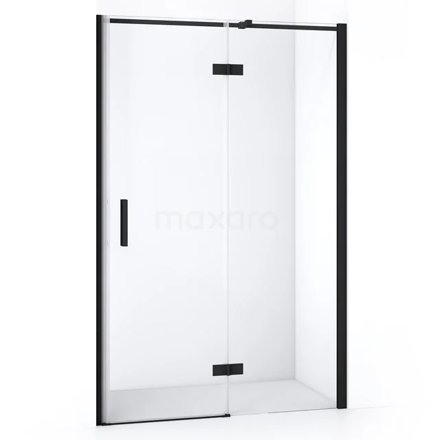 Matt schwarze Duschtür mit Klarglas, minimalistisches Design und stabiler Haltegriff; perfekt für moderne Badezimmergestaltung.