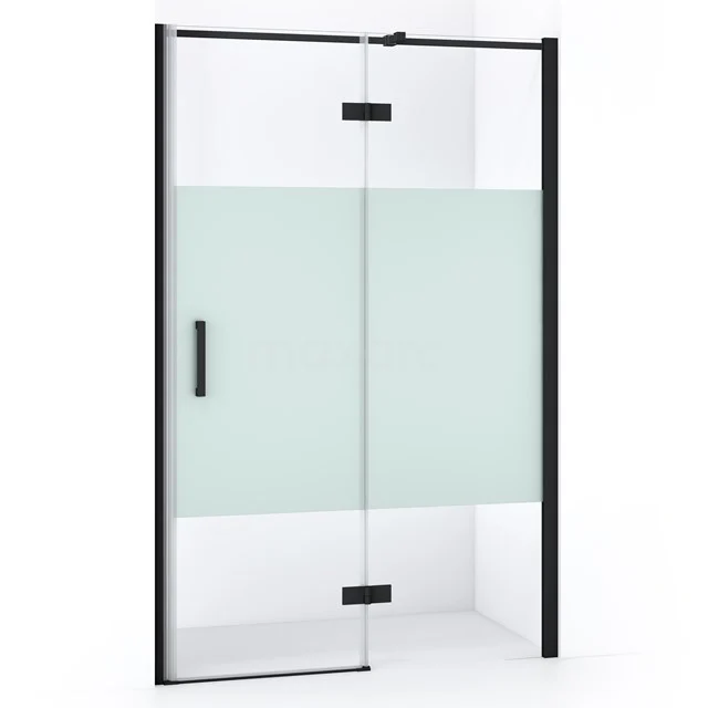 Duschtür mit matt schwarzem Rahmen, Schiebetürsystem und mattglas Streifen, ideal für einen modernen Badezimmerstil.