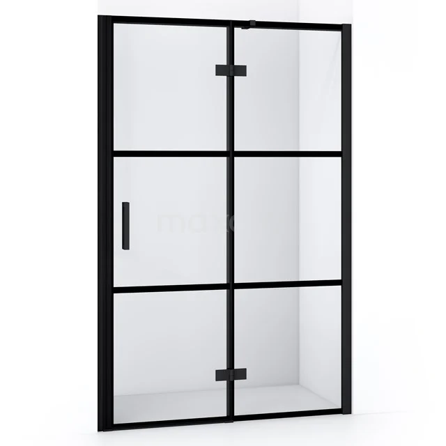 Schwarze industrielle Duschtür mit Klarglas und Metallrahmen, perfekt für einen modernen Badezimmerstil.