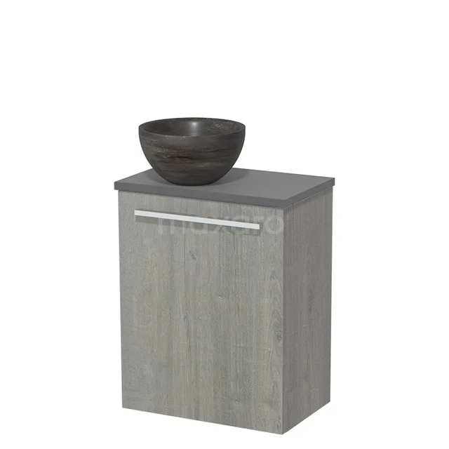 Grey bathroom unit with wood look, metal Handle and dark brown ceramic countertop wash basin on top, modern design.