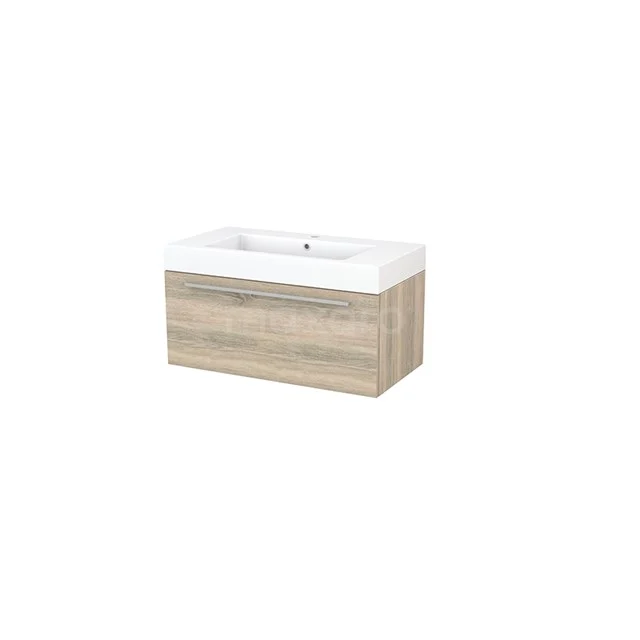 Wooden bathroom unit with light oak finish, integrated white basin and sleek, modern look.
