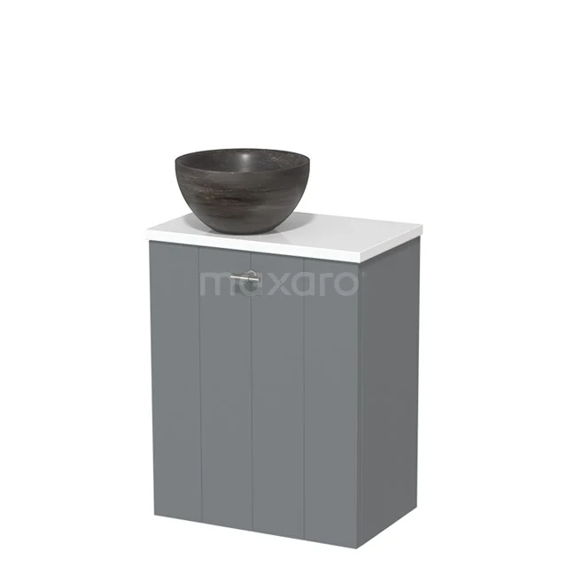 Toiletmeubel met waskom | 41 cm Middengrijs Lamel front Blue stone Natuursteen waskom Hoogglans wit blad TMK10-07098