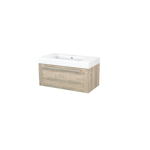 Modulo+ Bathroom furniture with sink | 90 cm Oak Frame front Mineral marble 1 drawer BMP001733 Wooden bathroom unit with white basin, modern design, drawers with wood grain structure for stylish bathroom storage.