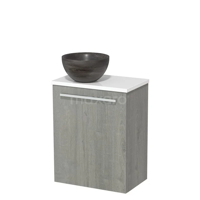 Compact grey bathroom cabinet with white top, ceramic countertop wash basin and modern design. Perfect for stylish bathroom storage.