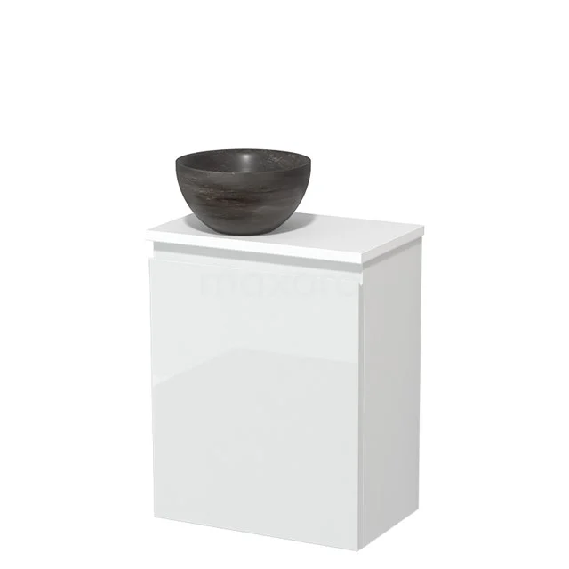 Toilet unit with wash basin | 41 cm High-gloss white Handleless front Blue stone Natural stone countertop wash basin Matte white worktop TMK10-07142 White bathroom cabinet with glossy front and black ceramic basin bowl, perfect for modern bathroom design.