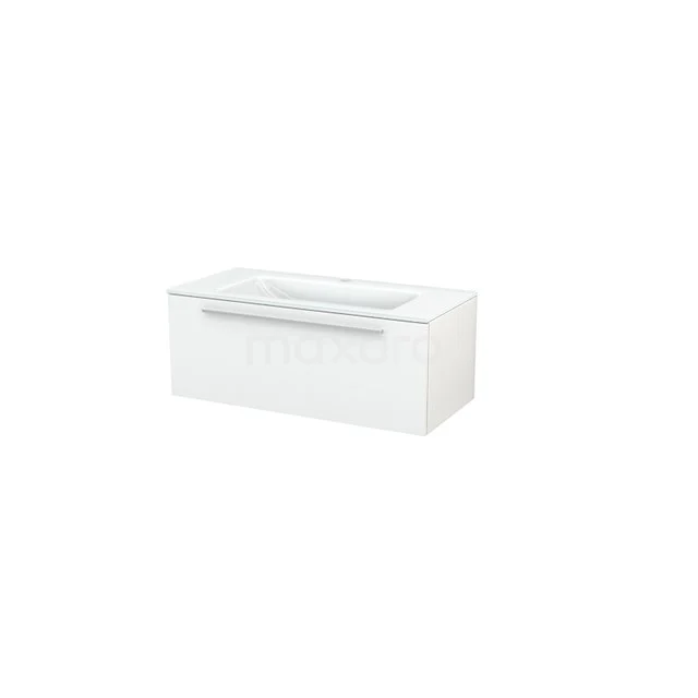 White rectangular bathroom cabinet made of high-gloss white materials, with one drawers and chrome handle, suitable for modern bathroom design.