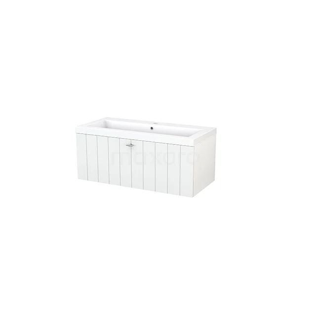 Modulo+ Bathroom furniture with sink | 100 cm High-gloss white Slat front Mineral marble 1 drawer BMP001785 White wooden bathroom cabinet with paneled doors, country style and compact shape, ideal for storage space in the bathroom.